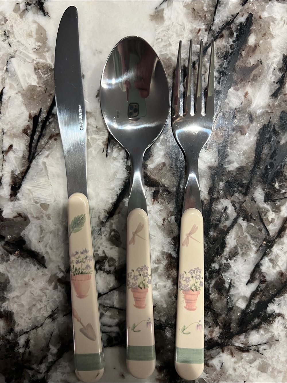 Pfaltzgraff Cream Garden Pot & Dragonfly Flatware Set